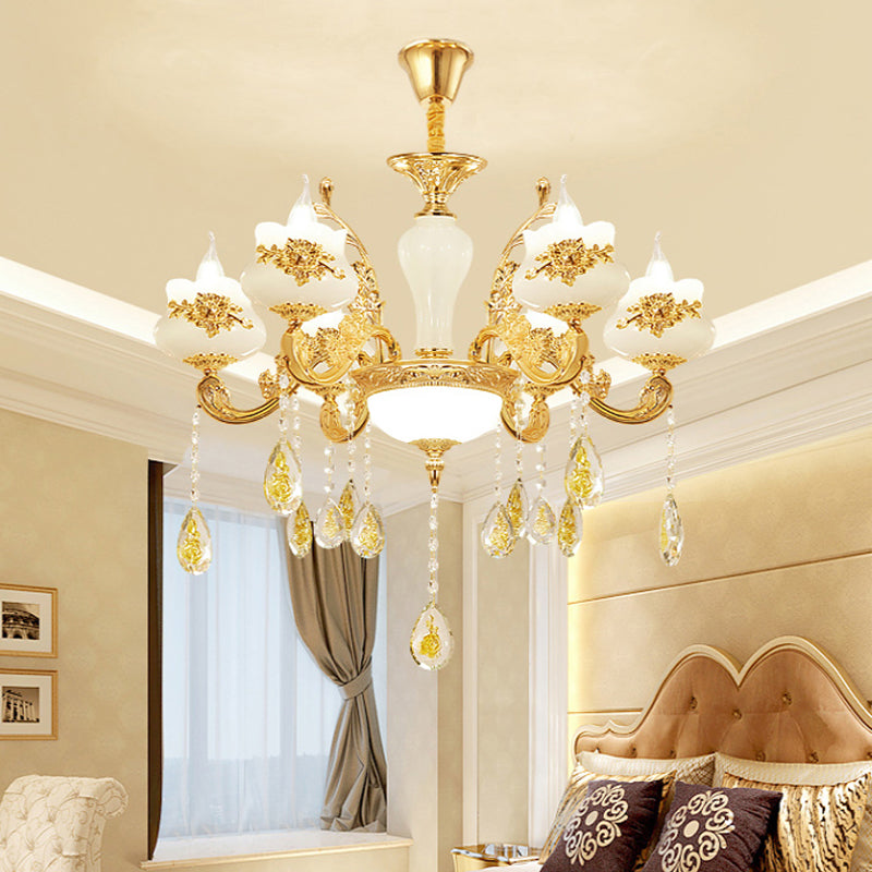 Opaken Glas Bud Deckenbeleuchtung traditionelles Wohnzimmer Kronleuchter Licht mit Kristalldrapieren in Gold