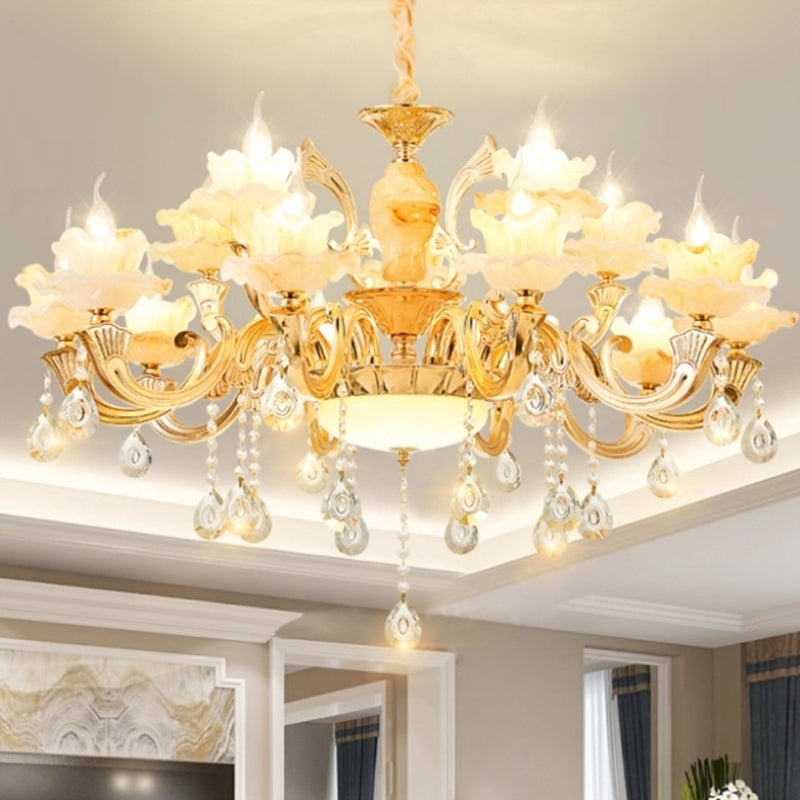 Gouden bloemenschaduw kroonluchter licht retro glas woonkamer hanglamp lamp met hangende kristal