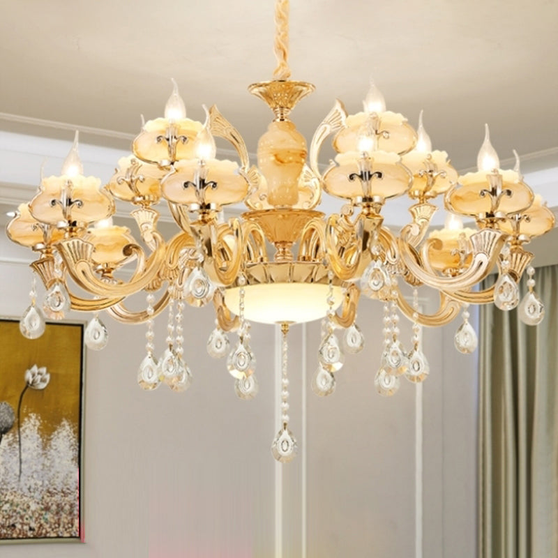 Gouden bloemenschaduw kroonluchter licht retro glas woonkamer hanglamp lamp met hangende kristal