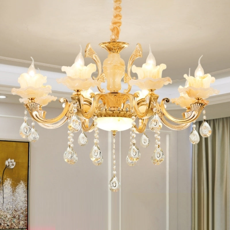Gouden bloemenschaduw kroonluchter licht retro glas woonkamer hanglamp lamp met hangende kristal