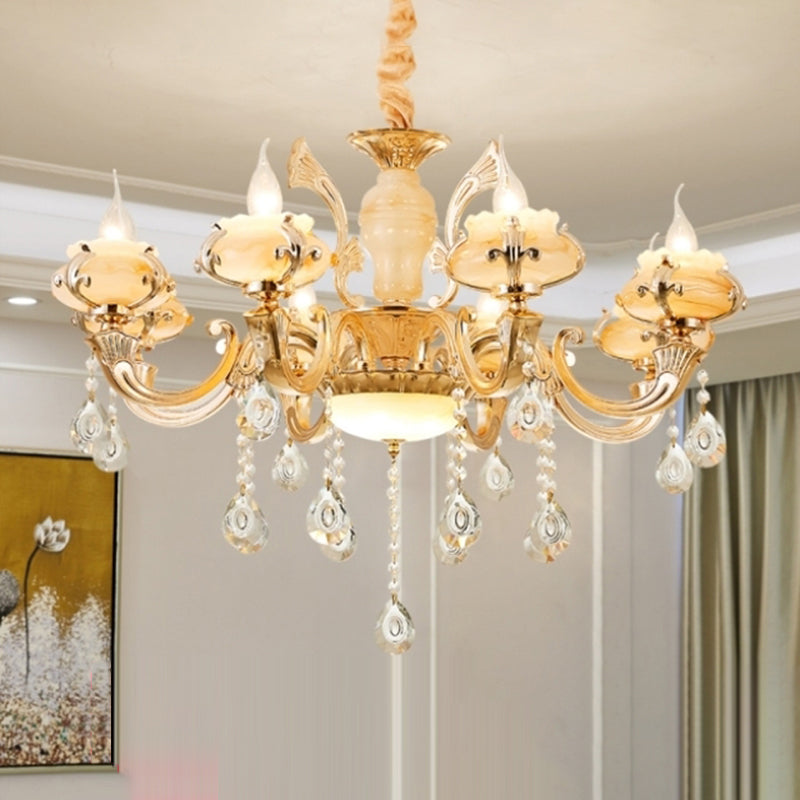 Gouden bloemenschaduw kroonluchter licht retro glas woonkamer hanglamp lamp met hangende kristal