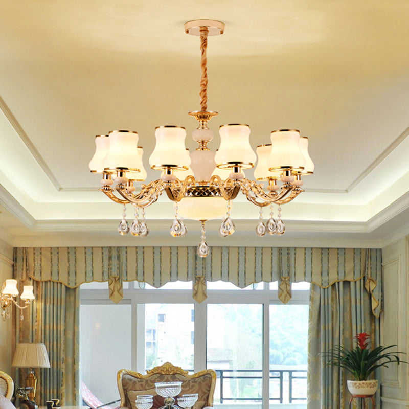 Klassieke Bud Chandelier Lighting White Glass Hanglamp met kristalafgraden voor woonkamer