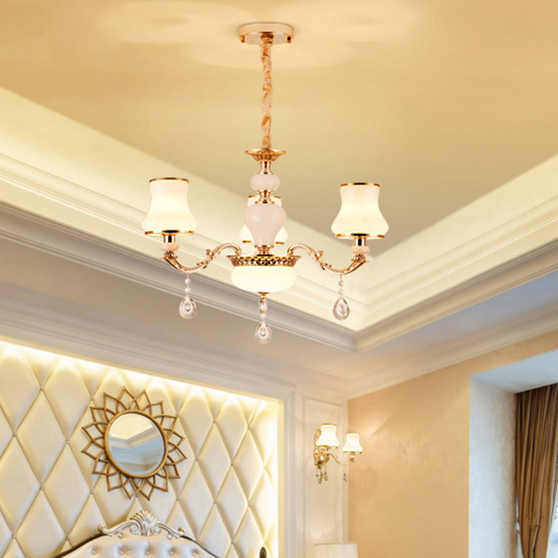 Klassieke Bud Chandelier Lighting White Glass Hanglamp met kristalafgraden voor woonkamer