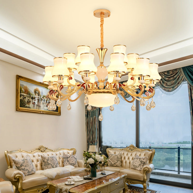 White Glass Bud Ceiling Lighting Traditional Living Room Chandelier Light Fixture with Crystal Draping