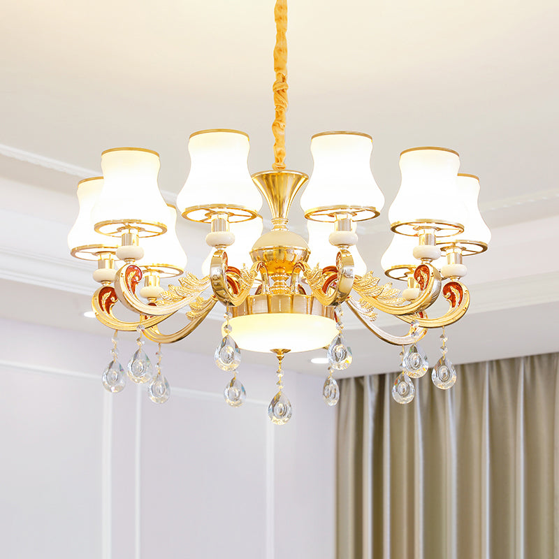 White Glass Bud Ceiling Lighting Traditional Living Room Chandelier Light Fixture with Crystal Draping