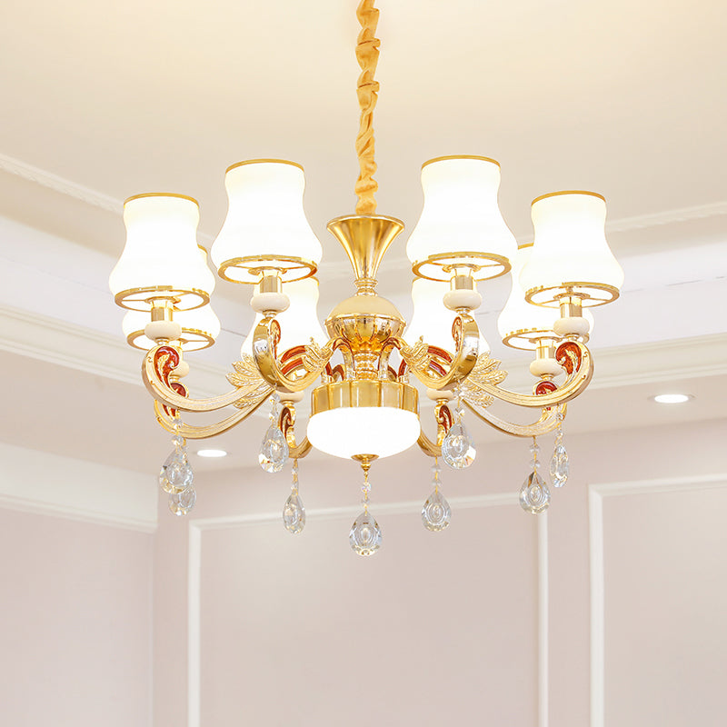 White Glass Bud Ceiling Lighting Traditional Living Room Chandelier Light Fixture with Crystal Draping