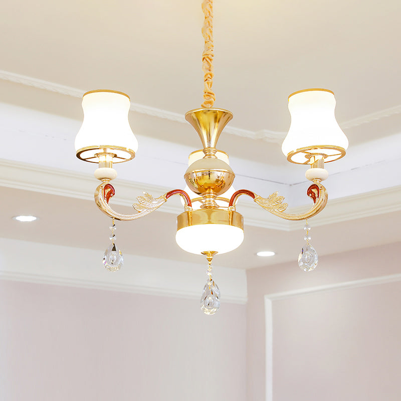 White Glass Bud Ceiling Lighting Traditional Living Room Chandelier Light Fixture with Crystal Draping