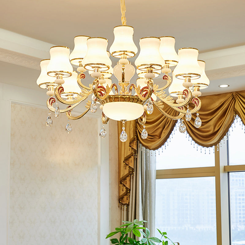 White Glass Bud Ceiling Lighting Traditional Living Room Chandelier Light Fixture with Crystal Draping