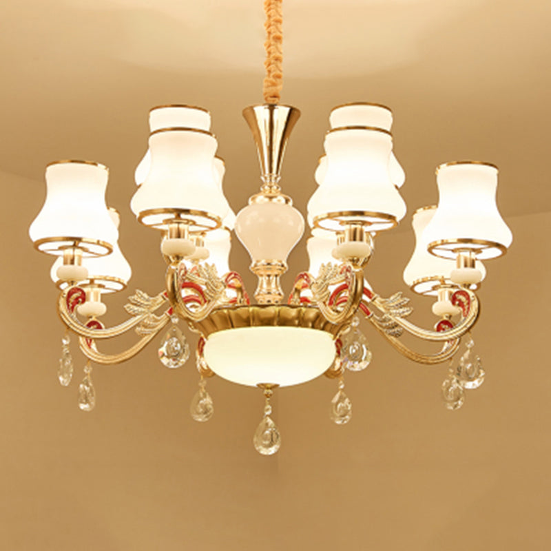 White Glass Bud Ceiling Lighting Traditional Living Room Chandelier Light Fixture with Crystal Draping
