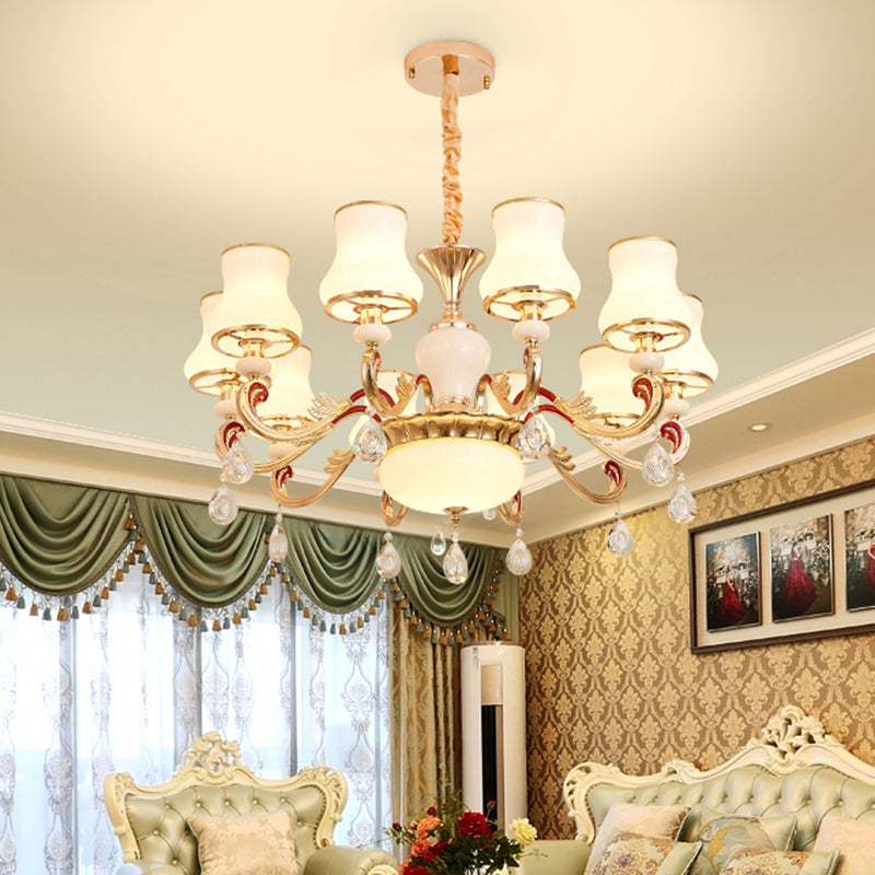 White Glass Bud Ceiling Lighting Traditional Living Room Chandelier Light Fixture with Crystal Draping