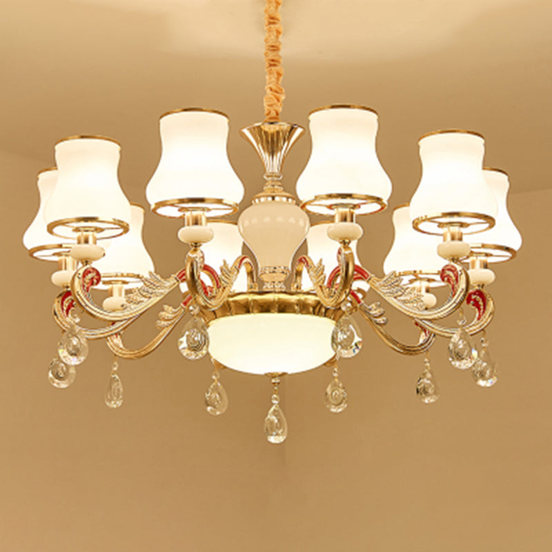 White Glass Bud Ceiling Lighting Traditional Living Room Chandelier Light Fixture with Crystal Draping