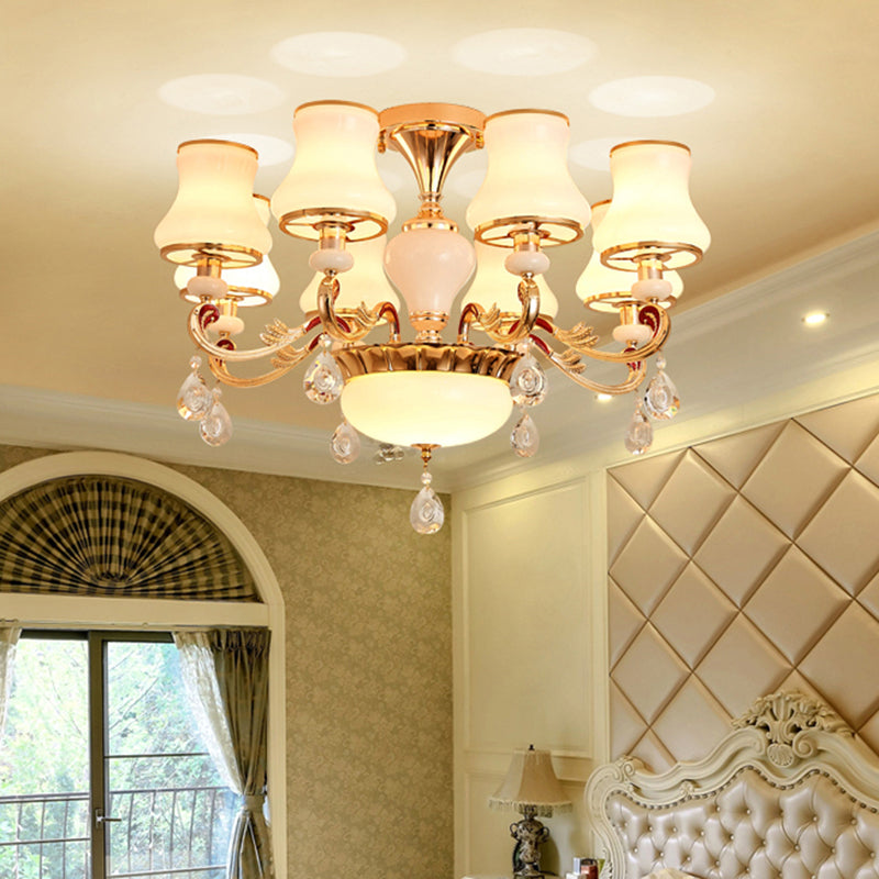 White Glass Bud Ceiling Lighting Traditional Living Room Chandelier Light Fixture with Crystal Draping