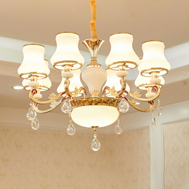 White Glass Bud Ceiling Lighting Traditional Living Room Chandelier Light Fixture with Crystal Draping