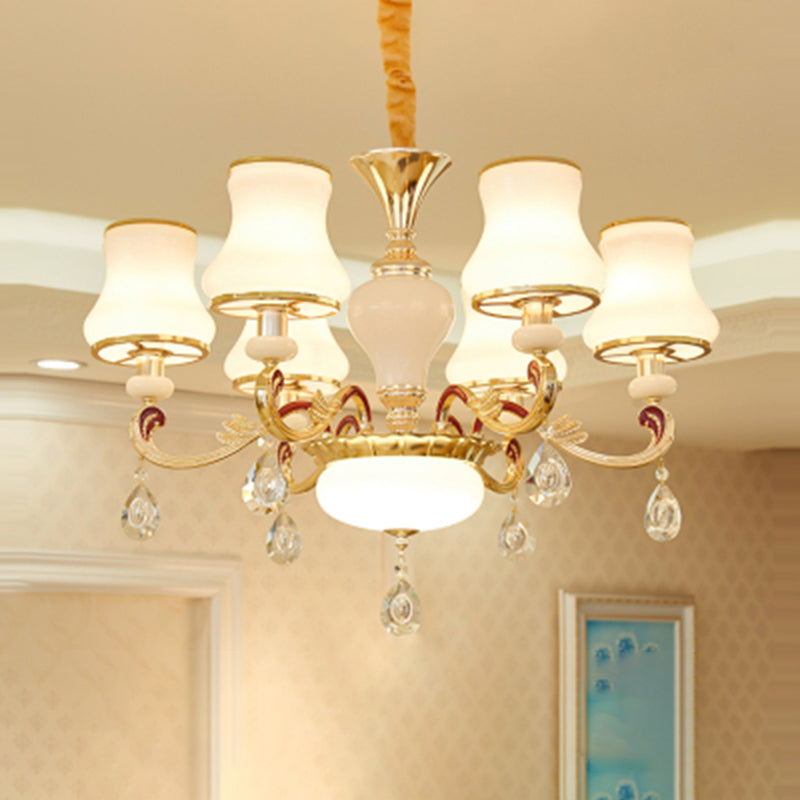 White Glass Bud Ceiling Lighting Traditional Living Room Chandelier Light Fixture with Crystal Draping