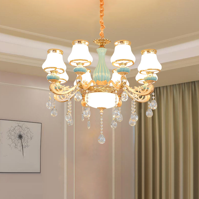 Handblown Glass Gold Chandelier Light Bud Retro Pendant Light Fixture with Crystal Accent