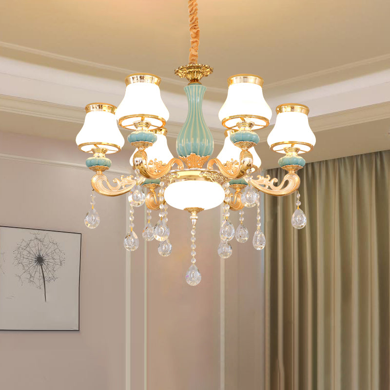 Handblown Glass Gold Chandelier Light Bud Retro Pendant Light Fixture with Crystal Accent