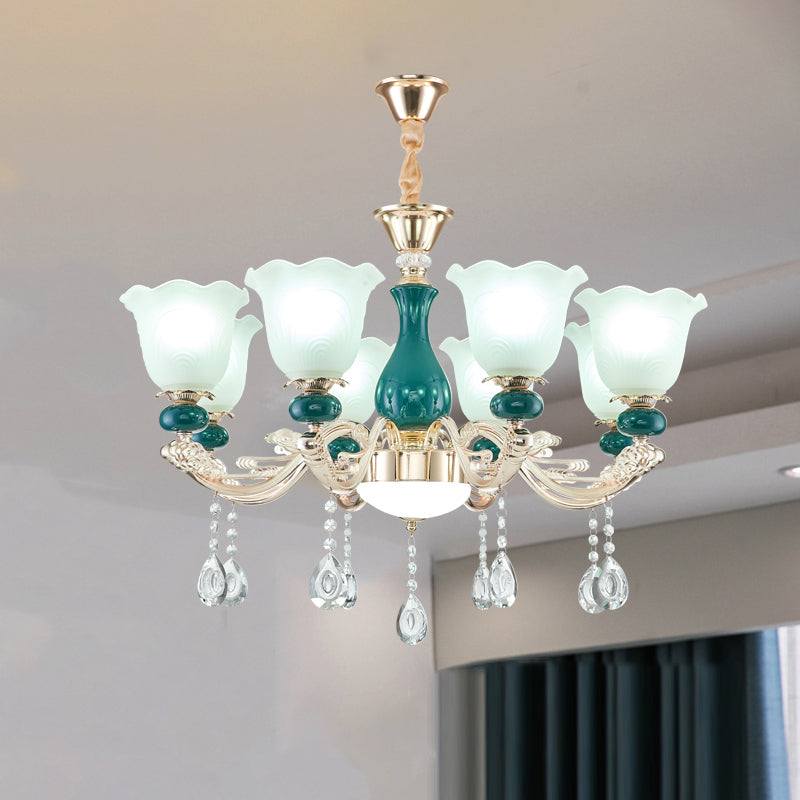 Traditional Ruffle Bell Suspension Light Cream Glass Chandelier Light with Hanging Crystal in Green