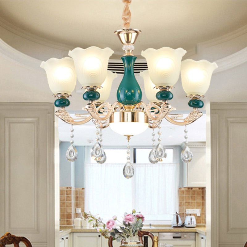 Traditional Ruffle Bell Suspension Light Cream Glass Chandelier Light with Hanging Crystal in Green