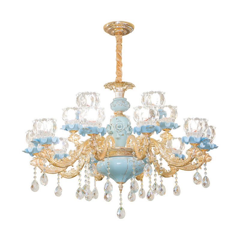 Flower Ribbed Glass Chandelier Lighting Classic Living Room Pendant Light with Crystal Draping in Blue
