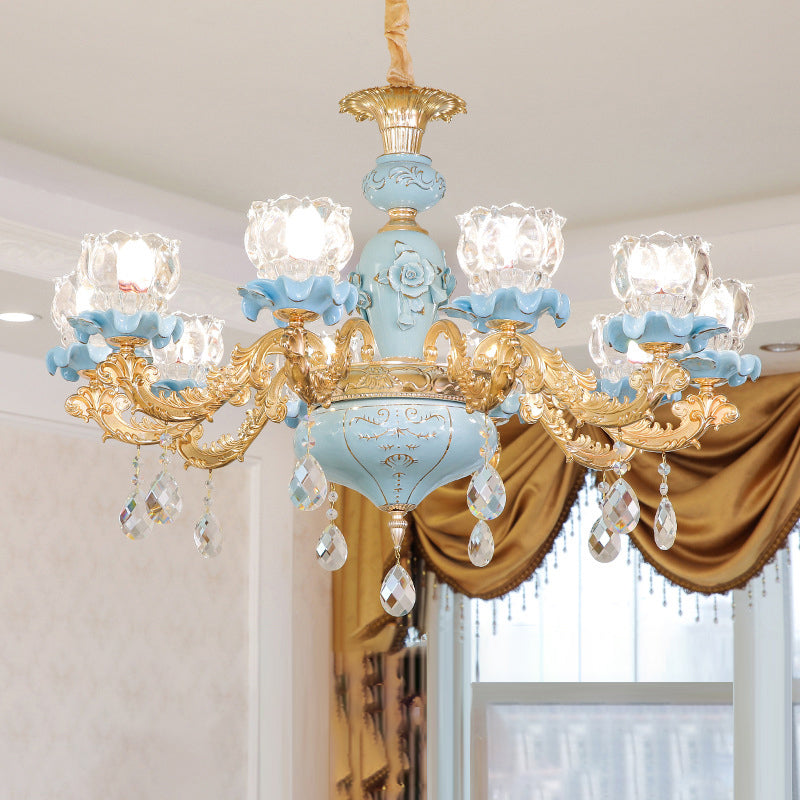 Flower Ribbed Glass Chandelier Lighting Classic Living Room Pendant Light with Crystal Draping in Blue