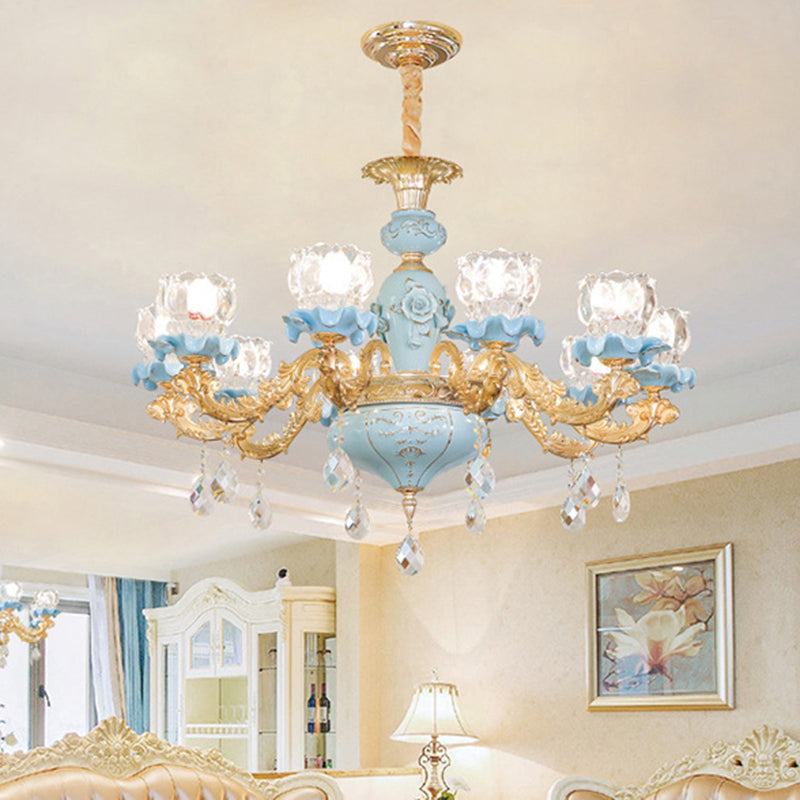 Flower Ribbed Glass Chandelier Lighting Classic Living Room Pendant Light with Crystal Draping in Blue