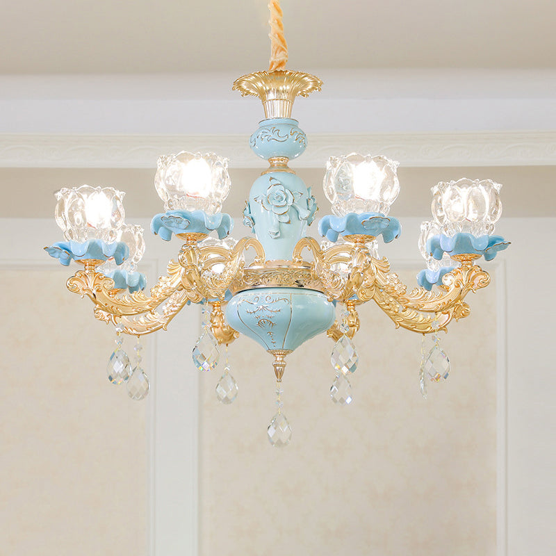 Flower Ribbed Glass Chandelier Lighting Classic Living Room Pendant Light with Crystal Draping in Blue