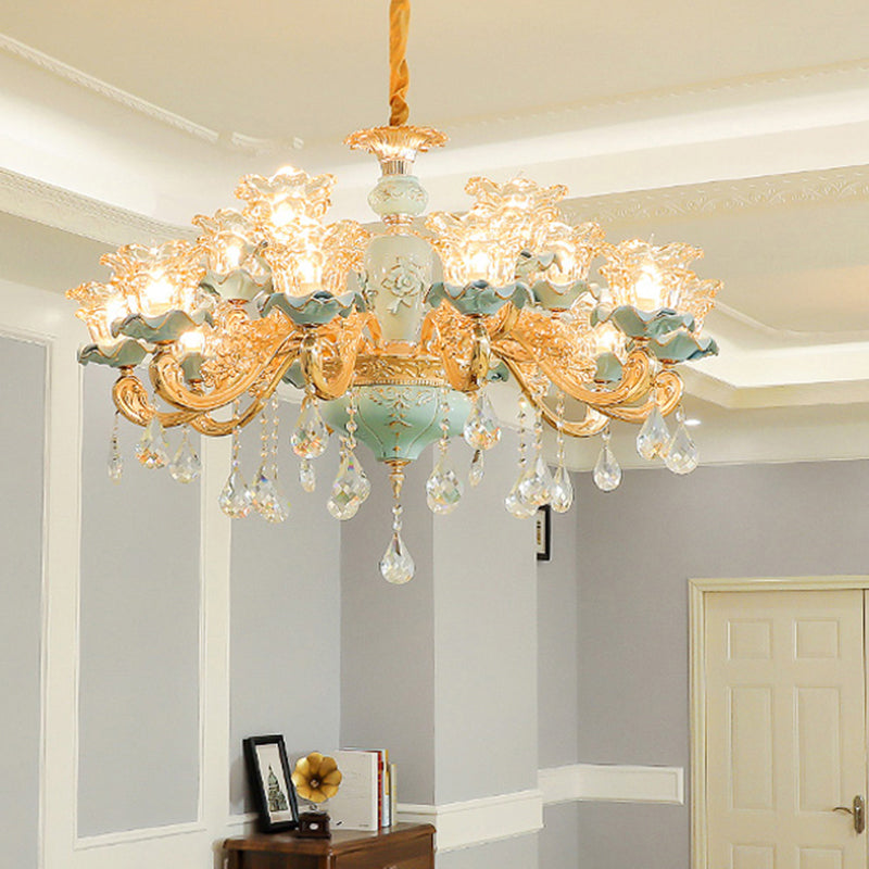 Ruffle Glass Flower Chandelier Pendant Light Vintage Living Room Hanging Light with Hanging Crystal in Blue