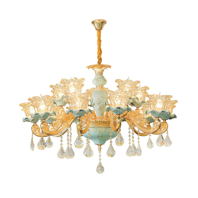 Ruffle Glass Flower Chandelier Pendant Light Vintage Living Room Hanging Light with Hanging Crystal in Blue