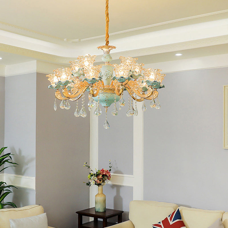 Ruffle Glass Flower Chandelier Pendant Light Vintage Living Room Hanging Light with Hanging Crystal in Blue