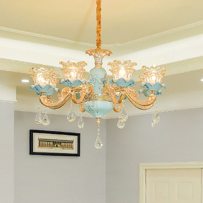 Ruffle Glass Flower Chandelier Pendant Light Vintage Living Room Hanging Light with Hanging Crystal in Blue
