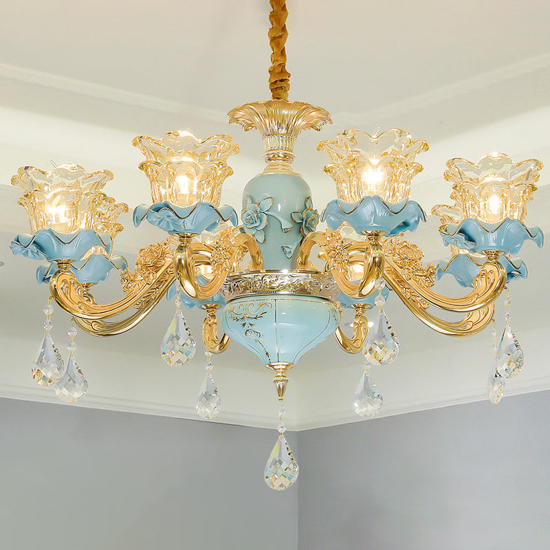 Ruffle Glass Flower Chandelier Pendant Light Vintage Living Room Hanging Light with Hanging Crystal in Blue