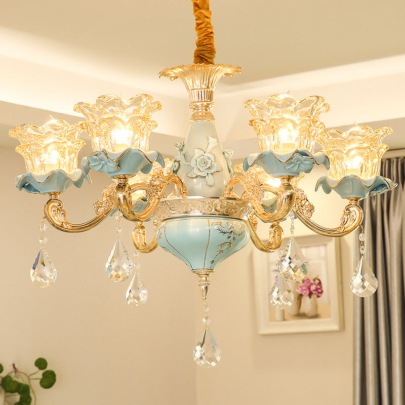 Lámpara de lámpara de lámpara de vidrio de volante Luz vintage sala de estar colgando con cristal colgante en azul