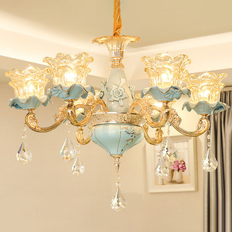 Ruffle Glass Flower Chandelier Pendant Light Vintage Living Room Hanging Light with Hanging Crystal in Blue