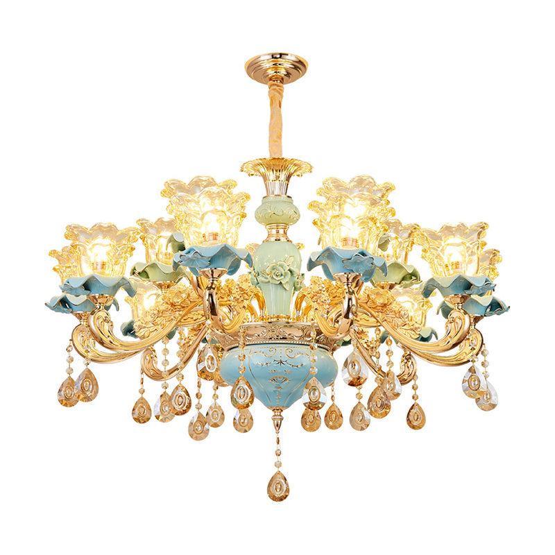 Luz de lámpara de lámpara azul tira a mano Flor de volante retro luz colgante con drapeado de cristal