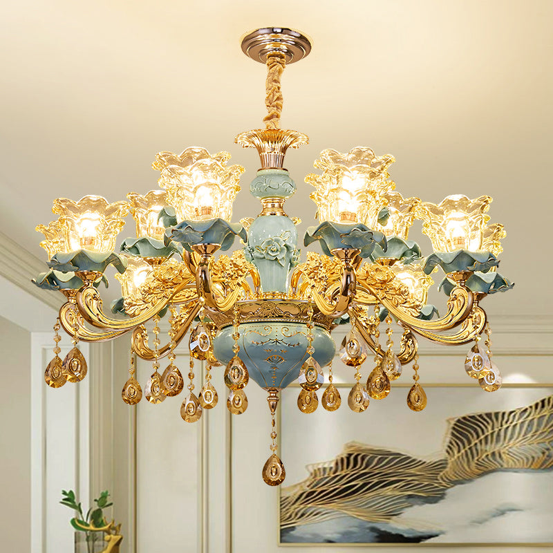 Handblown Glass Blue Chandelier Light Ruffle Flower Retro Pendant Light with Crystal Draping