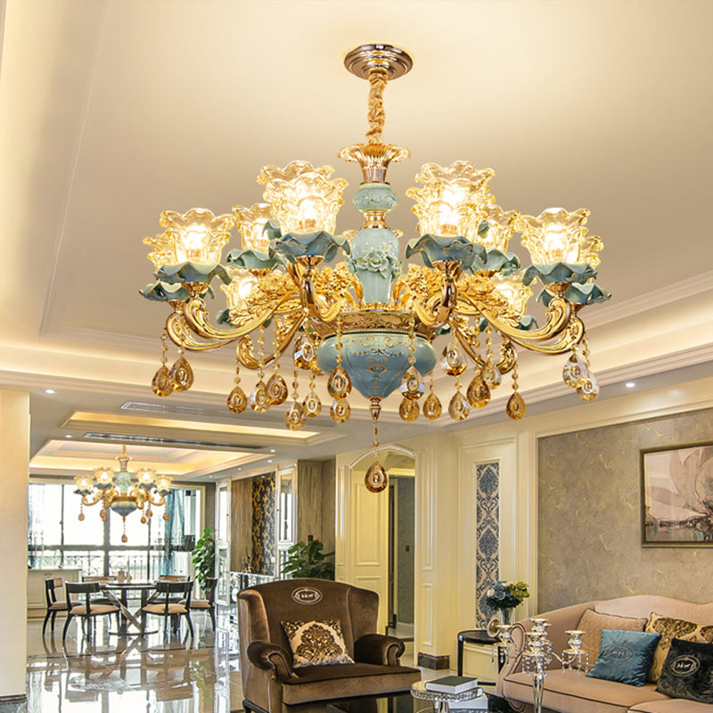 Handblown Glass Blue Chandelier Light Ruffle Flower Retro Pendant Light with Crystal Draping