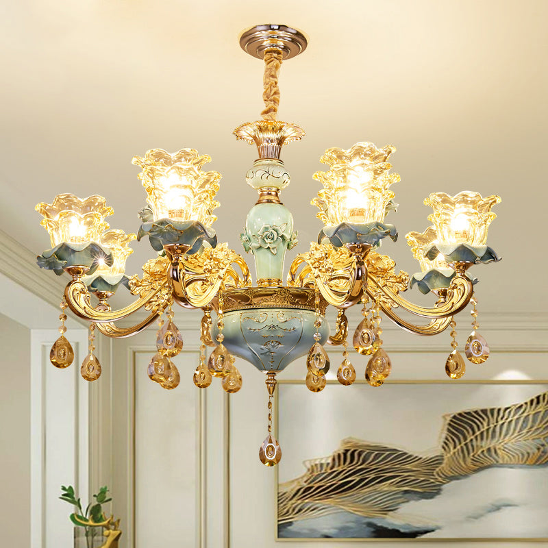 Handblown Glass Blue Chandelier Light Ruffle Flower Retro Pendant Light with Crystal Draping
