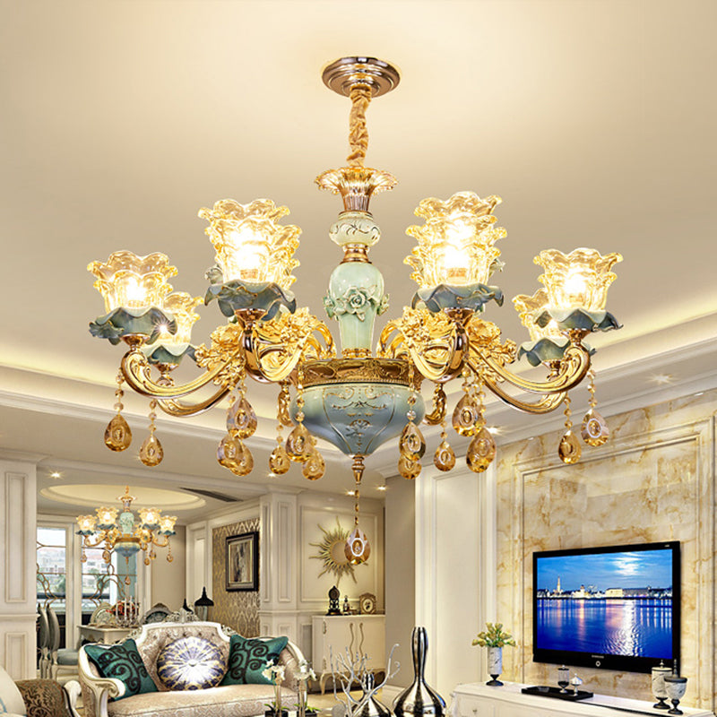 Handblown Glass Blue Chandelier Light Ruffle Flower Retro Pendant Light with Crystal Draping