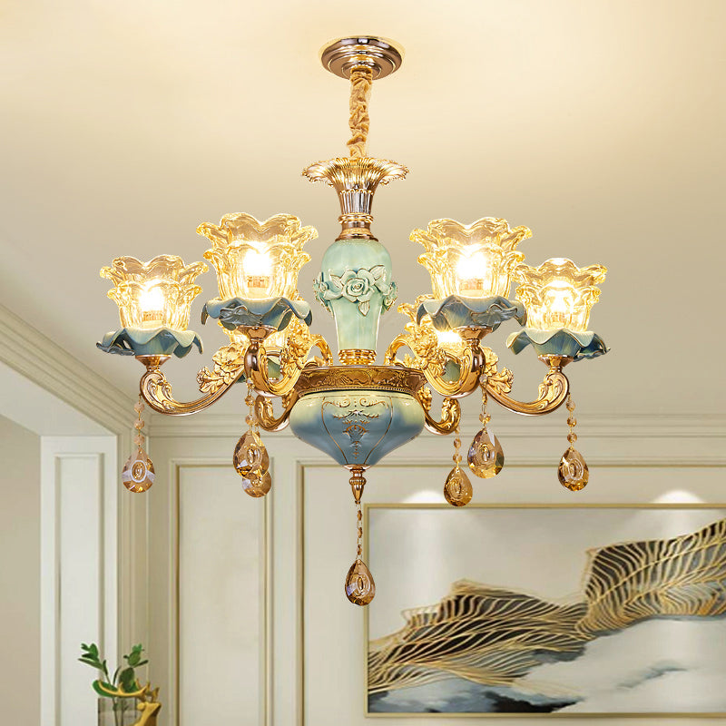Handblown Glass Blue Chandelier Light Ruffle Flower Retro Pendant Light with Crystal Draping