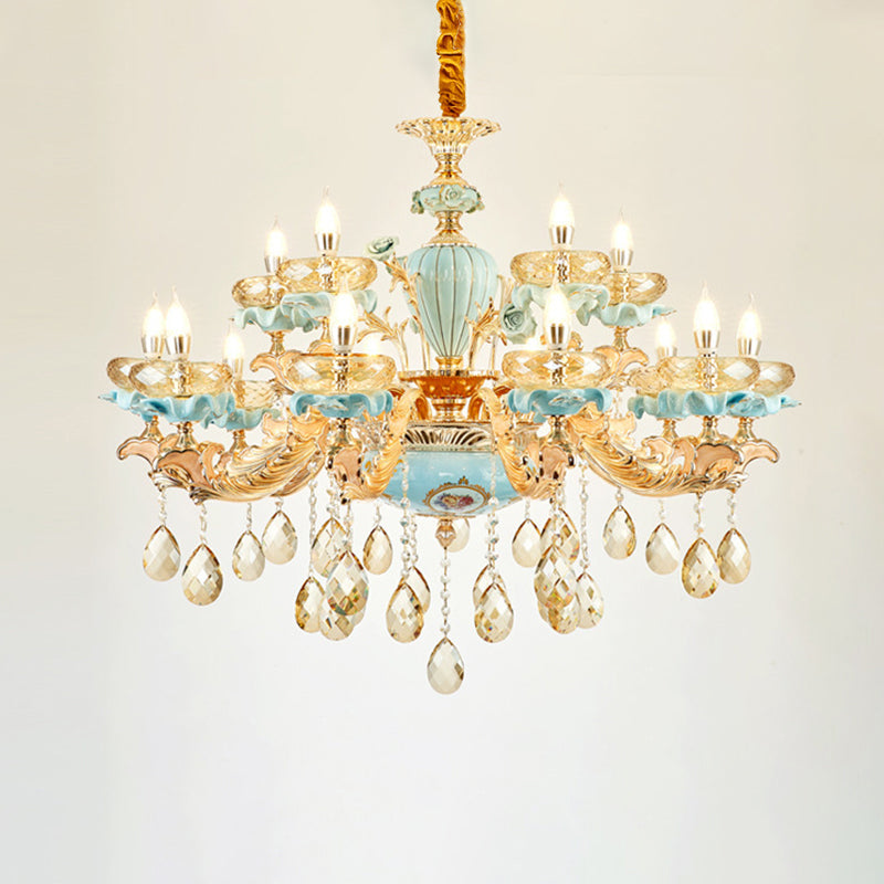 Blue Oblate Suspension Light Retro Style Faceted Crystal Living Room Chandelier Light with Draping Decor