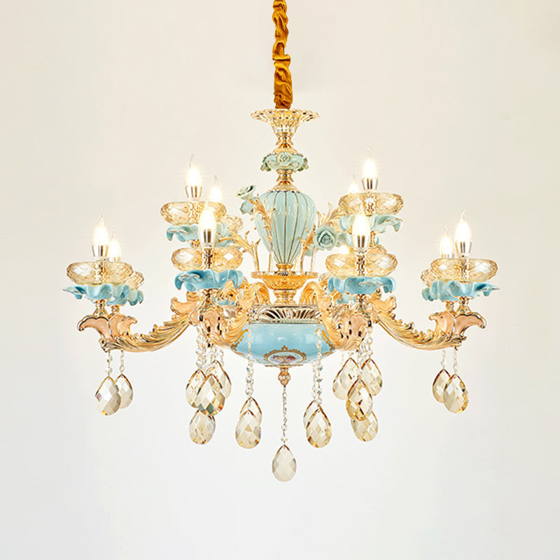 Blue Oblate Suspension Light Retro Style Faceted Crystal Living Room Chandelier Light with Draping Decor