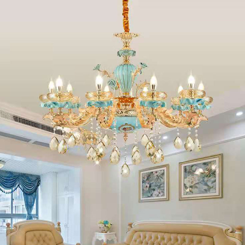 Blue Oblate Suspension Light Retro Style Faceted Crystal Living Room Chandelier Light with Draping Decor