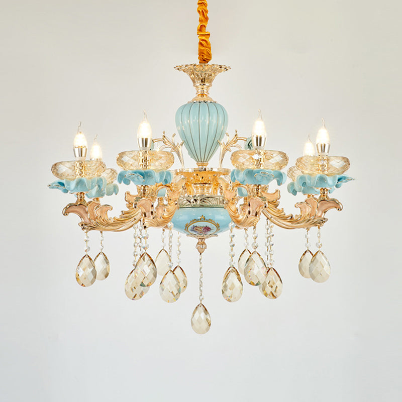 Blue Oblate Suspension Light Retro Style Faceted Crystal Living Room Chandelier Light with Draping Decor