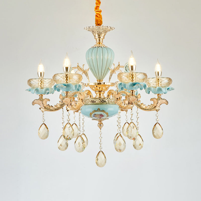Blue Oblate Suspension Light Retro Style Faceted Crystal Living Room Chandelier Light with Draping Decor
