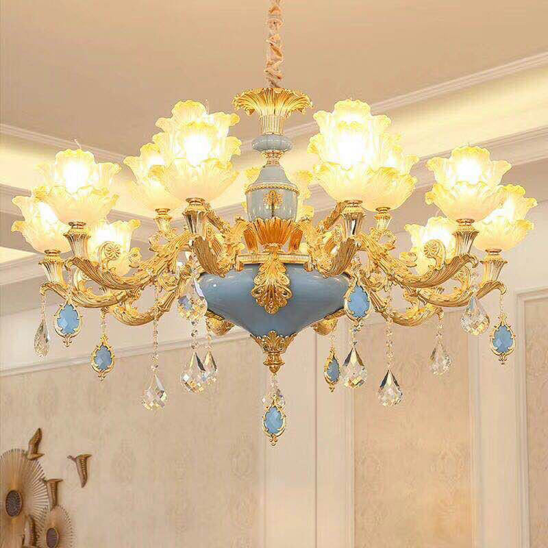 Traditional Ruffled Floral Ceiling Lighting Textured Glass Chandelier Light Fixture with Crystal Accent