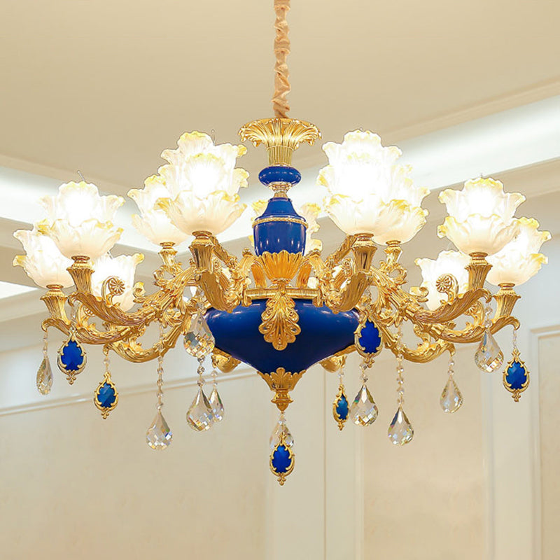 Traditional Ruffled Floral Ceiling Lighting Textured Glass Chandelier Light Fixture with Crystal Accent