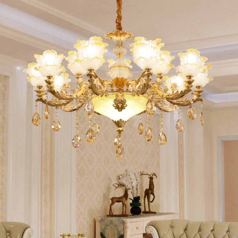 Traditional Ruffled Floral Ceiling Lighting Textured Glass Chandelier Light Fixture with Crystal Accent