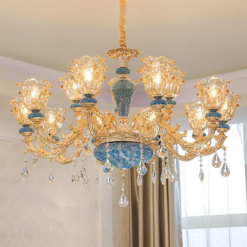 Ruffled Edge Living Room Chandelier Light Retro Handblown Glass Gold Pendant Light Fixture with Crystal Draping