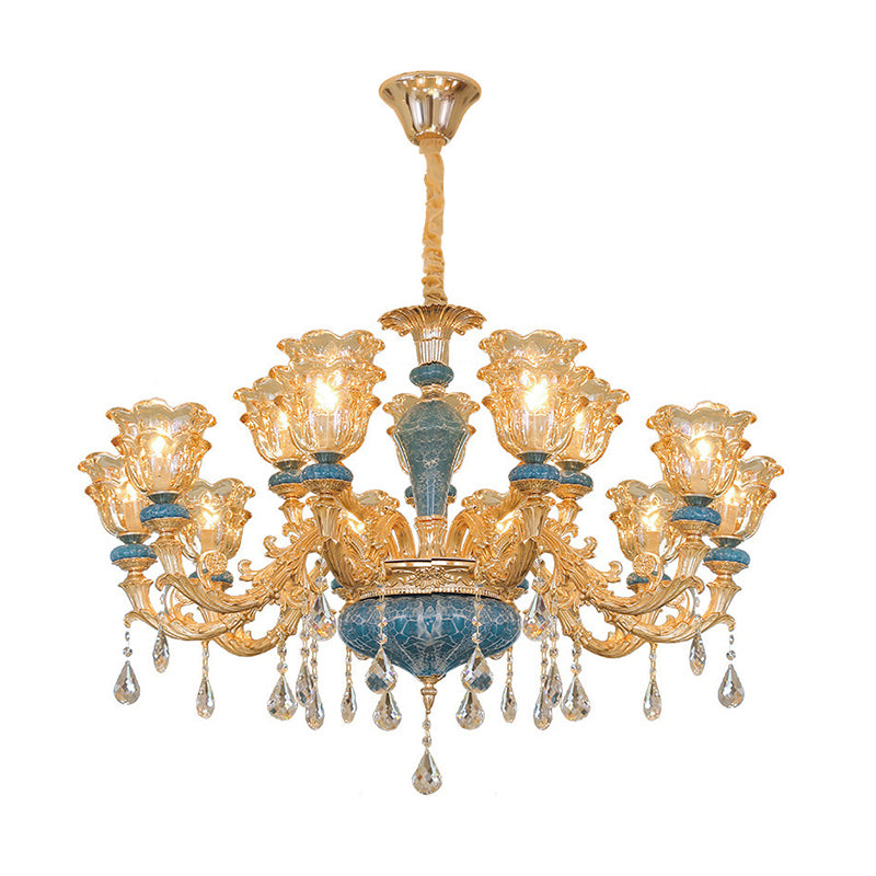 Ruffled Edge Living Room Chandelier Light Retro Handblown Glass Gold Pendant Light Fixture with Crystal Draping