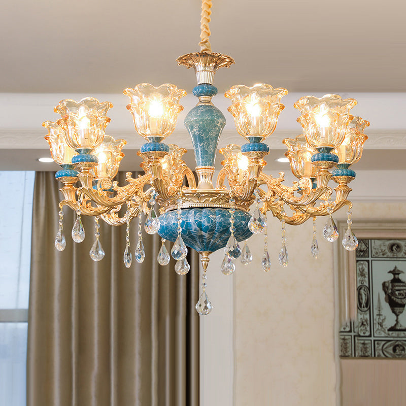 Ruffled Edge Living Room Chandelier Light Retro Handblown Glass Gold Pendant Light Fixture with Crystal Draping